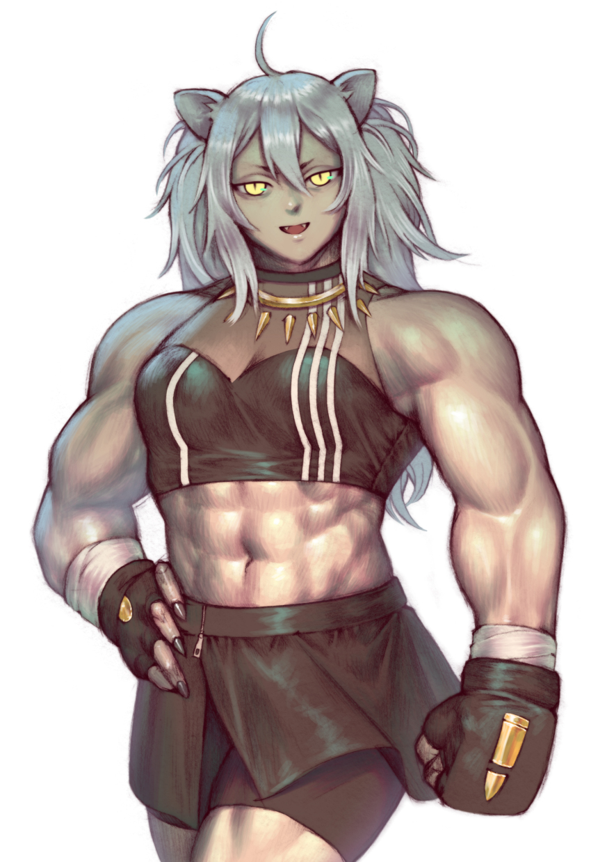 1girl, abs, absurdres, ahoge, animal_ears, antenna_hair, black_shorts, boxing_gloves, choker, fangs, gido_(hinchel_or), highres, hololive, jewelry, lion_ears, lion_girl, long_hair, looking_at_viewer, muscular, muscular_female, necklace, shishiro_botan, shishiro_botan_(1st_costume), short_shorts, shorts, skirt, solo, tank_top, virtual_youtuber, white_background, white_hair, yellow_eyes