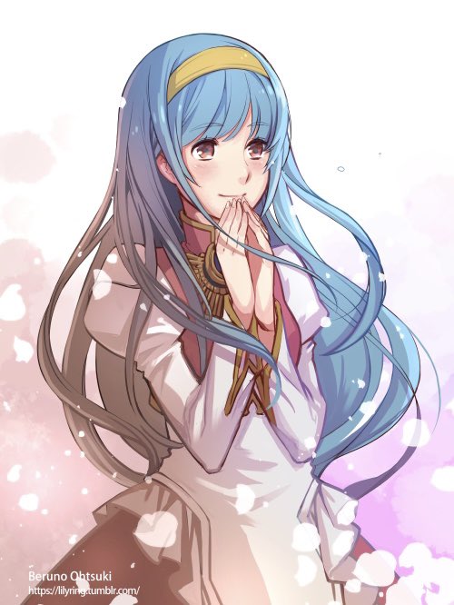 1girl, artist_name, bell_o2, blue_hair, blush, brown_eyes, closed_mouth, commentary_request, dress, estpolis_denki, estpolis_denki_ii, hairband, long_hair, long_sleeves, own_hands_together, puffy_sleeves, smile, solo, tia_(estpolis), very_long_hair