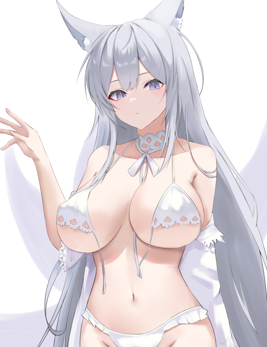 1girl, absurdres, animal_ears, azur_lane, breasts, cleavage, fox_ears, grey_hair, hair_between_eyes, highres, large_breasts, long_hair, navel, neck_ribbon, obniermarbiss, purple_eyes, ribbon, shinano_(azur_lane), shinano_(dreamy_white_sands)_(azur_lane), swimsuit