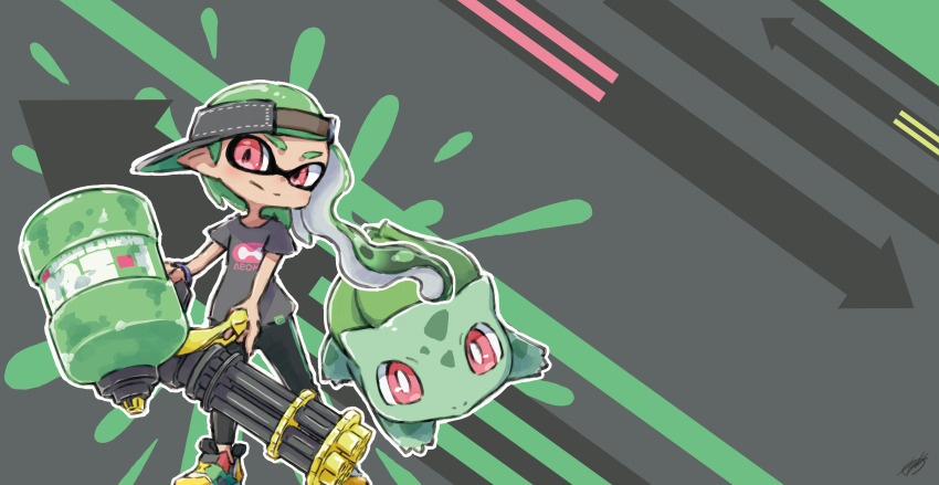 1girl, absurdres, black_pants, bright_pupils, bulbasaur, gen_1_pokemon, green_hair, grey_background