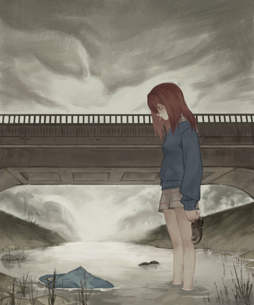 1girl, absurdres, bag, bridge, brown_shoes, cloud, cloudy_sky, flcl