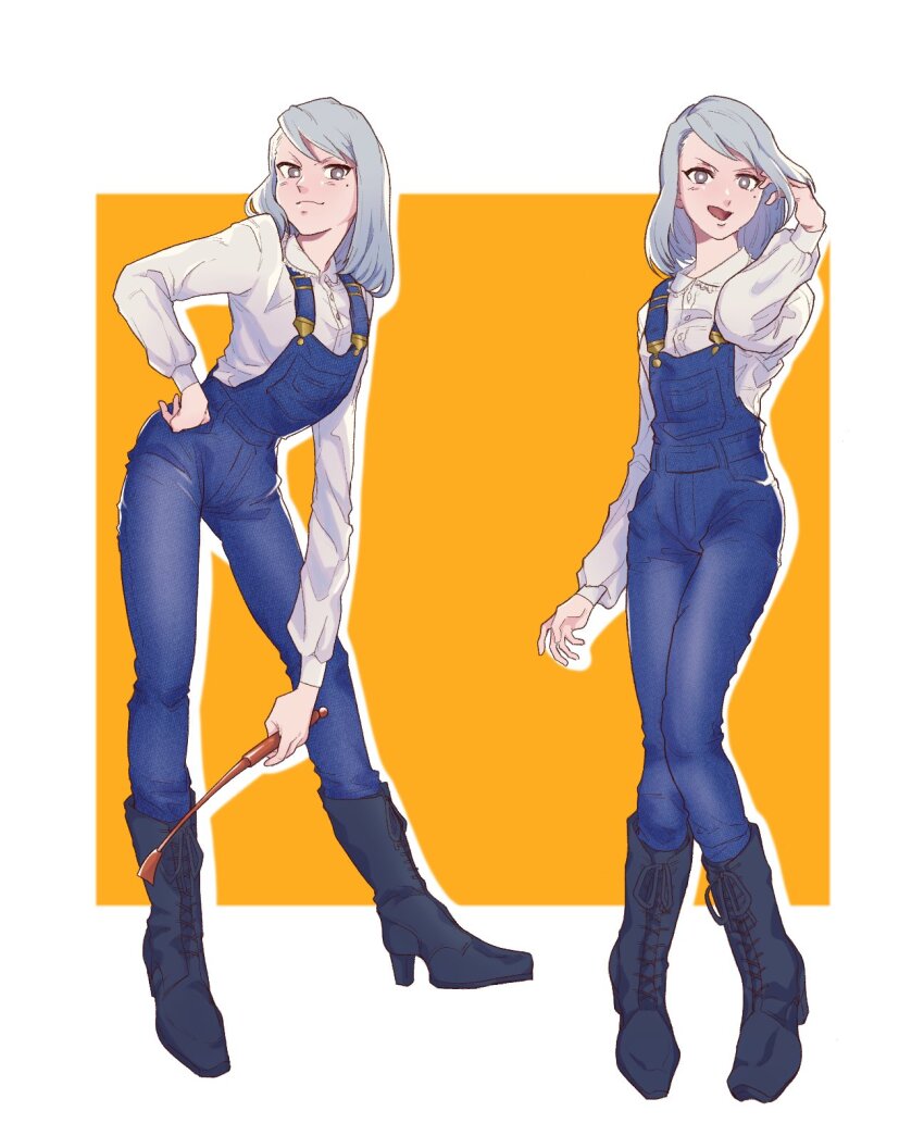 1girl, ace_attorney, arm_at_side, azekawa, black_footwear, blue_hair, blue_overalls, boots, border, closed_mouth, collared_shirt, franziska_von_karma, grey_eyes, hand_on_own_hip, hand_up, highres, holding, holding_riding_crop, knee_boots, knees_together_feet_apart, lace-up_boots, leaning_forward, legs_apart, medium_hair, mole, mole_under_eye, multiple_views, open_mouth, outside_border, overalls, pocket, riding_crop, shirt, smile, smug, standing, swept_bangs, v-shaped_eyebrows, white_border, white_shirt, yellow_background