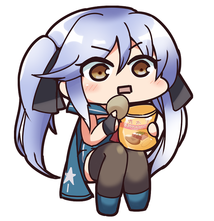 1girl, azur_lane, blush, brown_hair, chibi, chips_(food), eating, essex_(azur_lane)