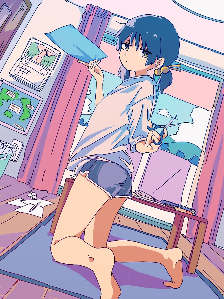 1girl, aged_up, ah-software, alternate_costume, barefoot, black_shorts, blue_hair, calendar_(object), curtains, dolphin_shorts, expressionless, from_behind, from_below, green_eyes, hair_bobbles, hair_ornament, half-closed_eyes, holding, holding_paper, holding_scissors, indoors, kaai_yuki, kneeling, looking_at_viewer, loose_clothes, map_(object), paper, sakadakei, scissors, shirt, short_twintails, shorts, solo, twintails, vocaloid, white_shirt, window