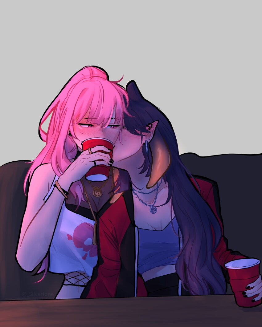 2girls, absurdres, bracelet, breasts, couch, cup, disposable_cup, highres