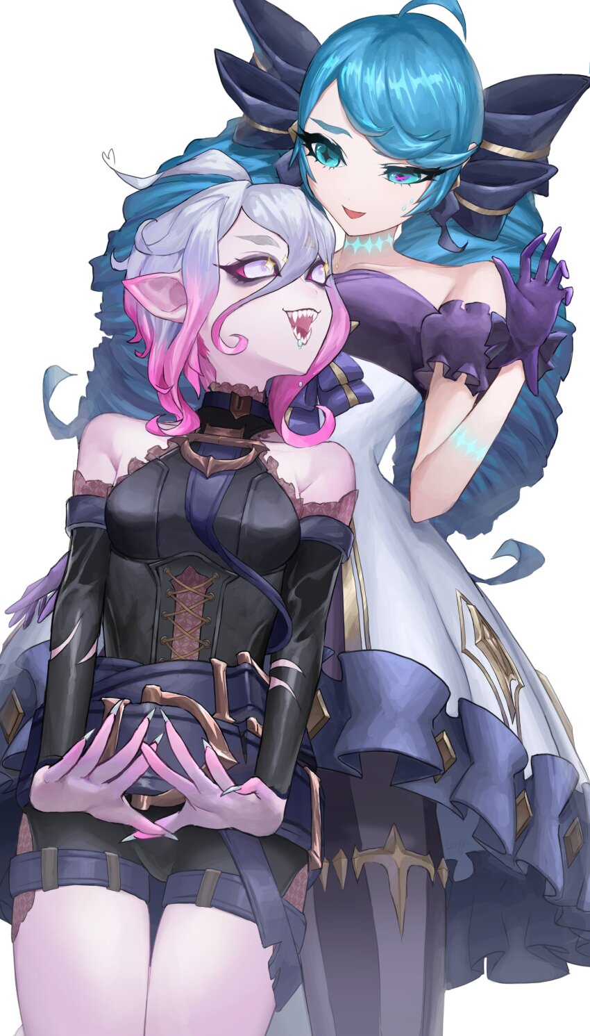 2girls, absurdres, ahoge, belt, black_belt, black_bow, black_gloves, blue_eyes, bow, briar_(league_of_legends), collarbone, colored_sclera, cowboy_shot, detached_sleeves, drill_hair, drooling_blood, fingernails, gloves, gradient_hair, grey_hair, gwen_(league_of_legends), hair_between_eyes, hair_bow, highres, league_of_legends, lolita_fashion, long_hair, looking_at_another, medium_hair, multicolored_hair, multiple_girls, open_mouth, pale_skin, pantyhose, pink_hair, pointy_ears, rayn87250715, red_sclera, saliva, sharp_teeth, sidelocks, simple_background, smile, sparkle, standing, striped_clothes, striped_pantyhose, sweatdrop, teeth, twin_drills, two-tone_hair, vampire, white_background, white_eyes