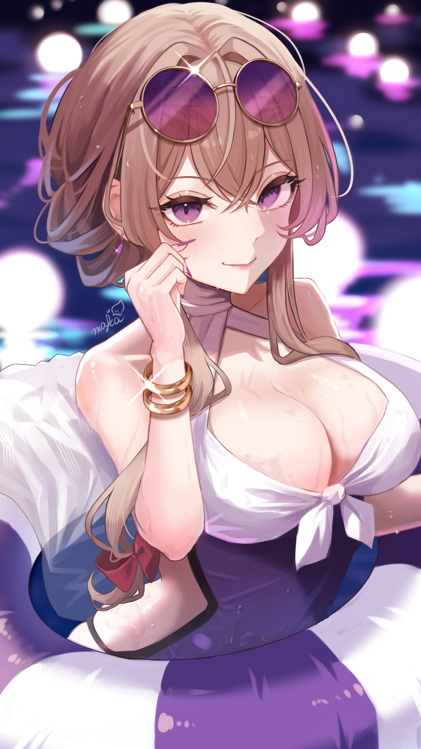 1girl, absurdres, artist_name, bikini, blonde_hair, bracelet, breasts, cleavage