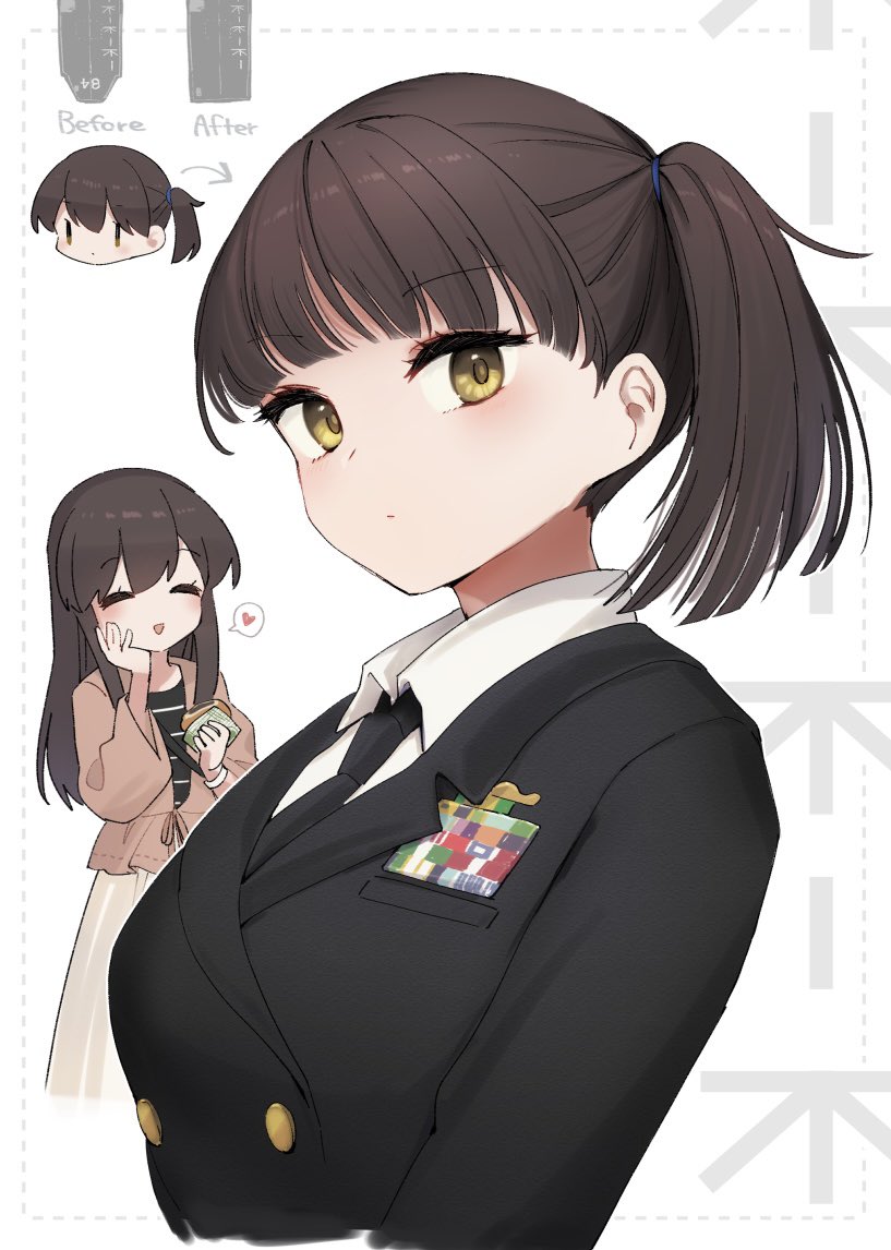 2girls, akagi_(kancolle), akagi_(kure_2019)_(kancolle), black_jacket, black_necktie, breasts, brown_hair, brown_jacket