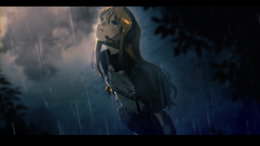 1girl, absurdres, bandana, blonde_hair, blue_eyes, breasts, commission, commissioner_upload, gloves, gradient_hair, hasunohato, headset, highres, holding, indie_virtual_youtuber, long_hair, medium_breasts, multicolored_hair, non-web_source, open_mouth, skeb_commission, solo, virtual_youtuber, weapon, zeta_(vtuber)