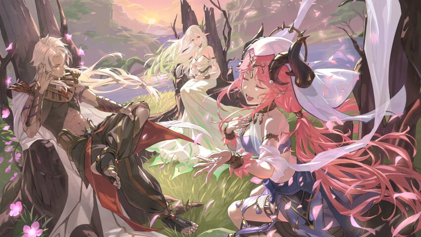 1boy, 2girls, absurdres, ancient_egyptian_clothes, arabian_clothes, armlet, bare_shoulders, bracer, breasts, bum_hico, cape, circlet, cleavage, closed_eyes, cropped_shirt, dancer, dark_skin, dress, fake_horns, falling_petals, flower, genshin_impact, goddess_of_flowers_(genshin_impact), gold, gold_trim, gradient_hair, grass, hair_ornament, harem_outfit, harem_pants, highres, horns, jewelry, king_deshret_(genshin_impact), large_breasts, leaf_hair_ornament, long_hair, multicolored_hair, multiple_girls, neck_ring, open_mouth, outdoors, pants, petals, pointy_ears, red_hair, rukkhadevata_(genshin_impact), scenery, sitting, veil, water, white_cape, white_dress, white_hair, white_headdress, white_veil