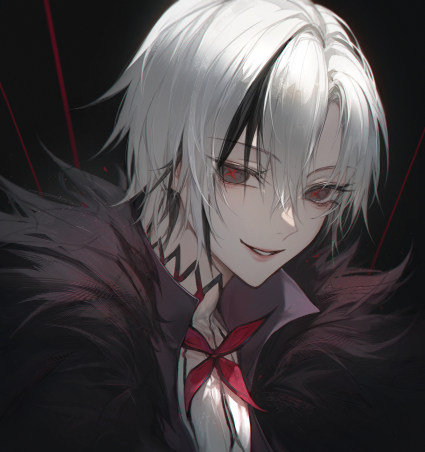 1girl, absurdres, arlecchino_(genshin_impact), black_background, black_hair, coat, fatui_coat, fur-trimmed_coat