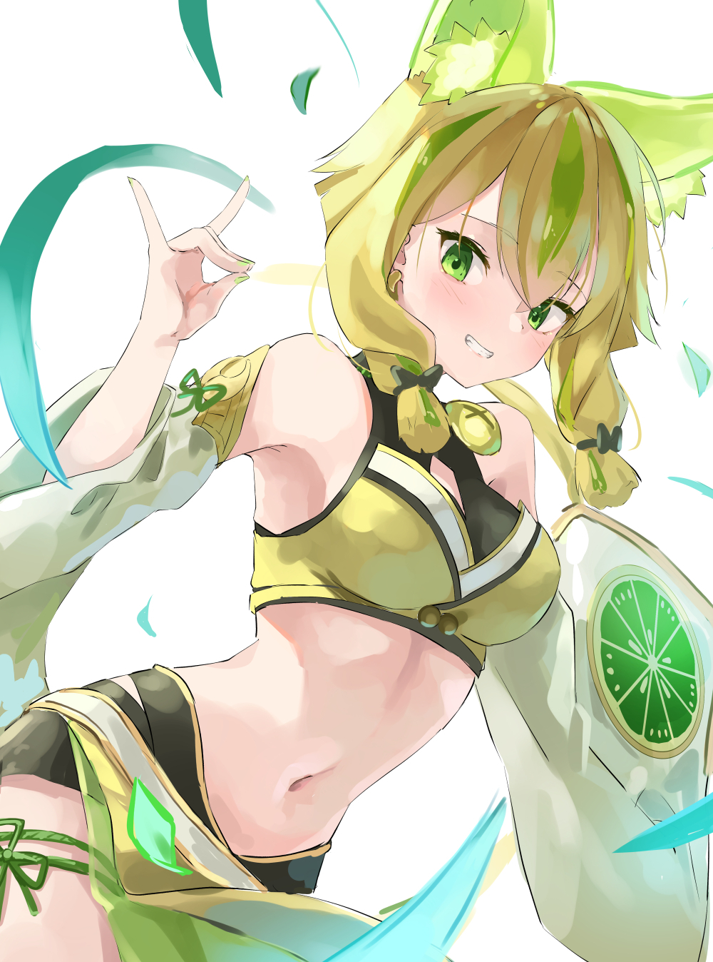 1girl, animal_ear_fluff, animal_ears, bare_shoulders, blonde_hair, breasts, crop_top, detached_sleeves