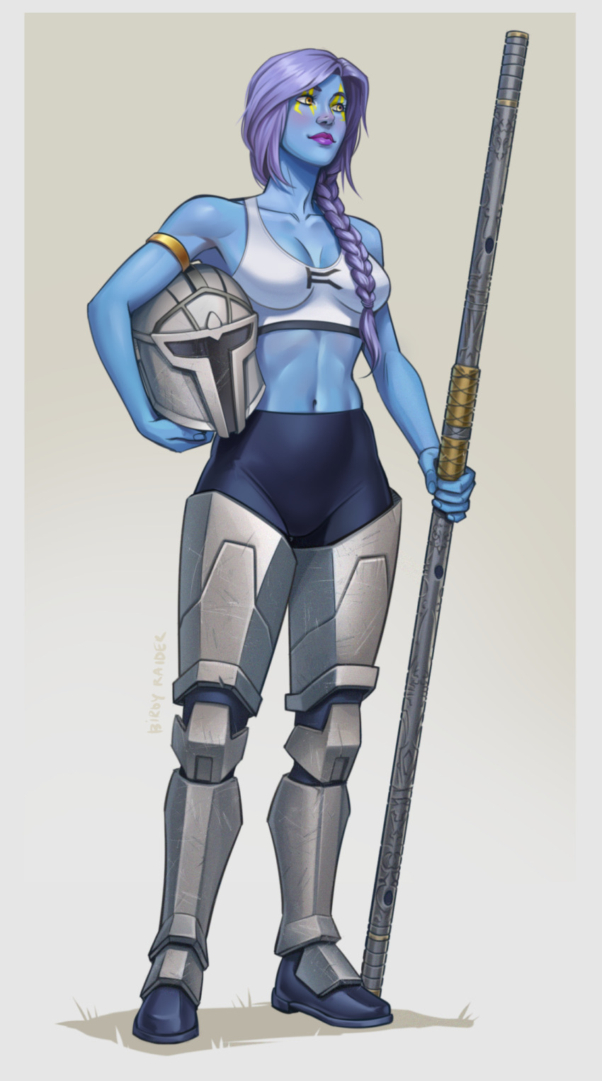 1girl, alien, armor, artist_name, blue_skin, border, bra, braid, braided_ponytail, colored_skin, full_body, helmet, highres, holding, holding_staff, holding_unworn_helmet, long_hair, navel, pantoran, purple_hair, raiderbirdy, solo, staff, star_wars, underwear, unworn_helmet, watermark, white_border, white_bra