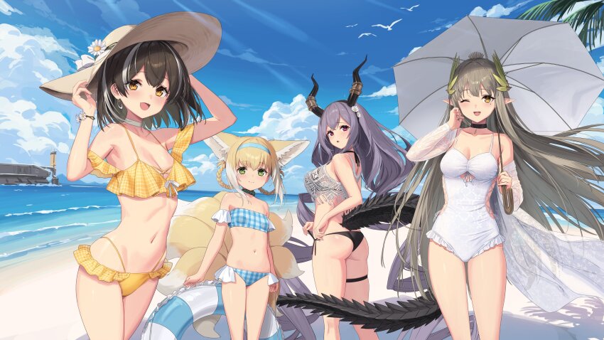 4girls, absurdres, alternate_costume, animal_ears, arknights, arm_at_side, ass, bandeau