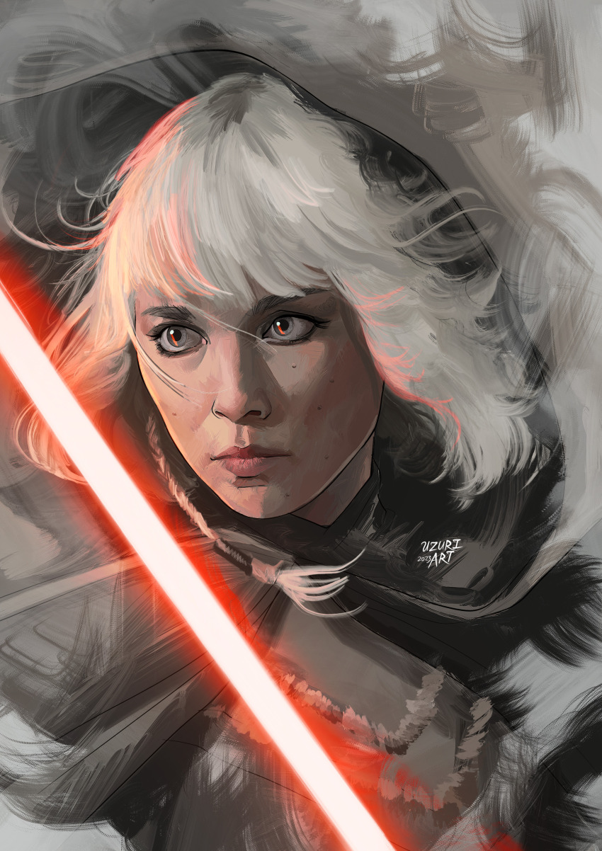 1girl, absurdres, artist_name, energy_sword, grey_eyes, highres, lightsaber, looking_to_the_side