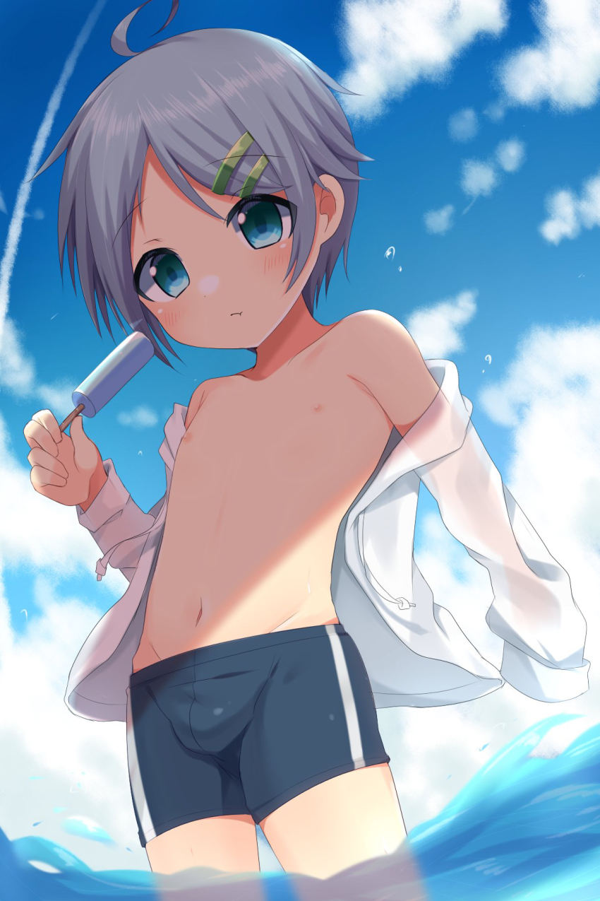 1boy, :t, ahoge, blue_eyes, blush, bulge, cloud, day, drawstring, food, hair_ornament, hairclip, highres, holding, holding_food, hood, hooded_jacket, jacket, jammers, male_focus, male_swimwear, meranoreuka_(naokentak), navel, nipples, open_clothes, open_jacket, original, outdoors, partially_submerged, popsicle, short_hair, shota, solo, standing, swimsuit, wading, white_jacket
