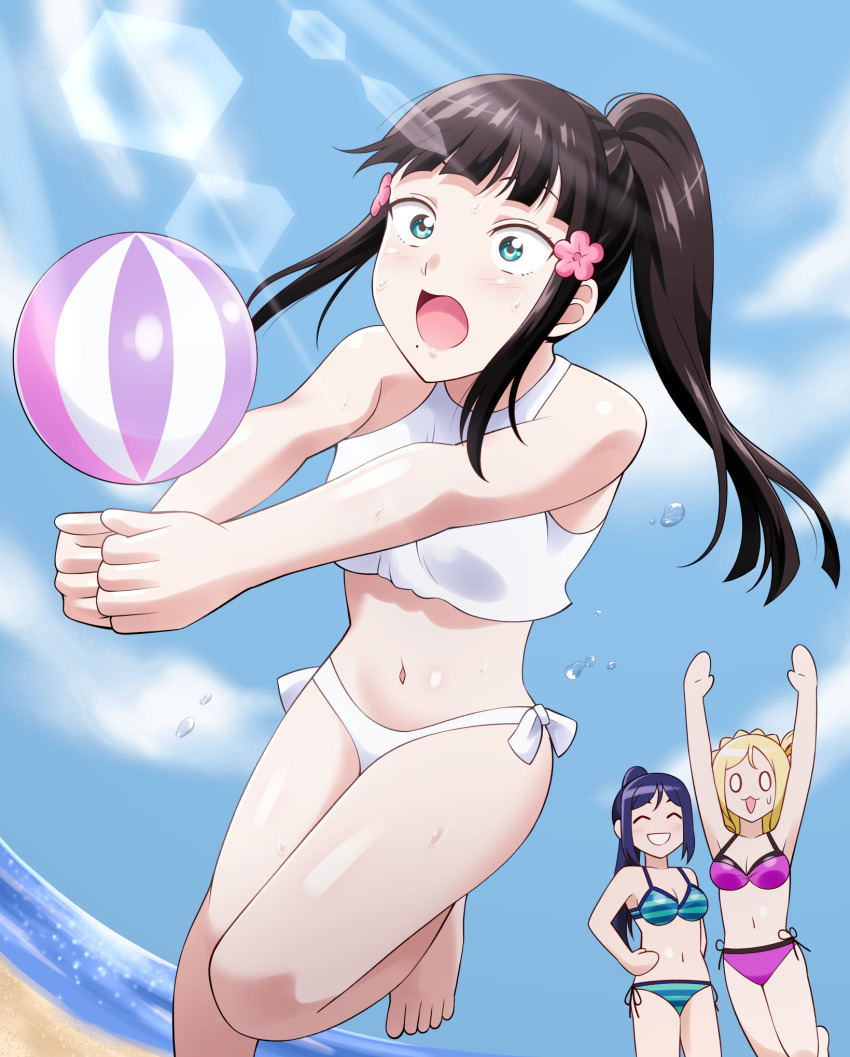 3girls, aqua_eyes, bare_shoulders, bikini, blonde_hair, hair_rings, highres, kurosawa_dia, long_hair, love_live!, love_live!_sunshine!!, matsuura_kanan, medium_hair, multiple_girls, ohara_mari, open_mouth, outdoors, ponytail, raina_(14758801), sitting, smile, swimsuit