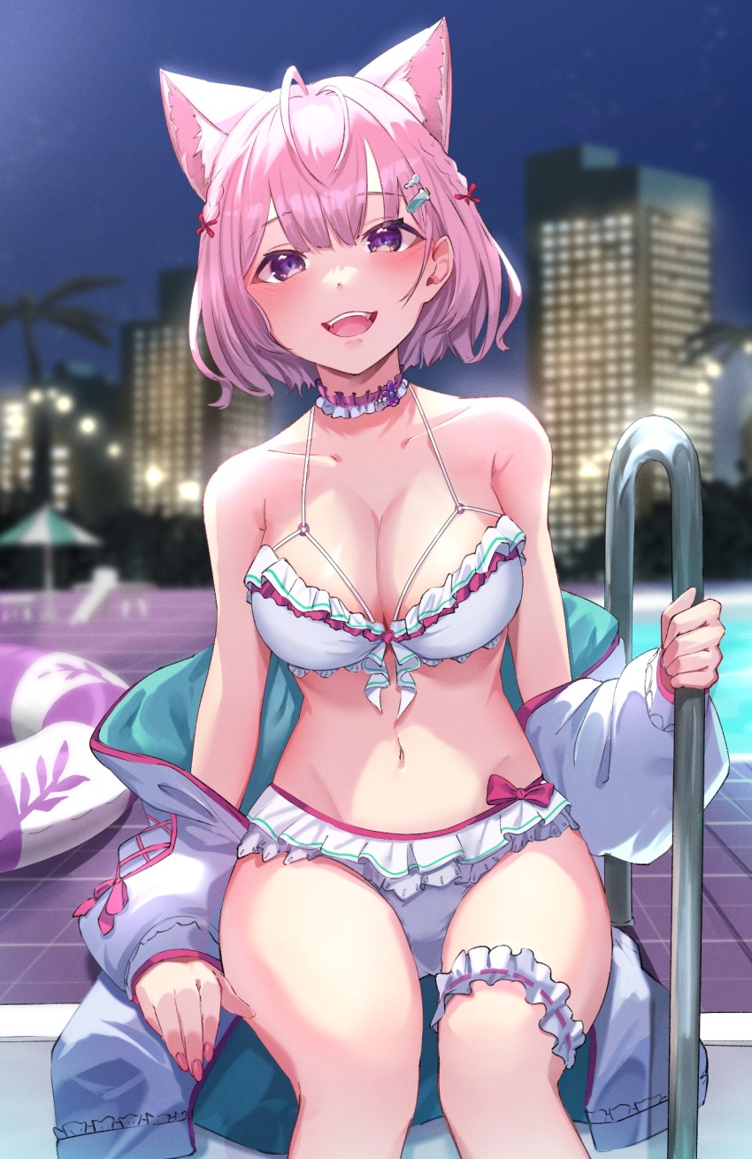 1girl, almico, animal_ear_fluff, animal_ears, antenna_hair, bare_shoulders, bikini, blurry