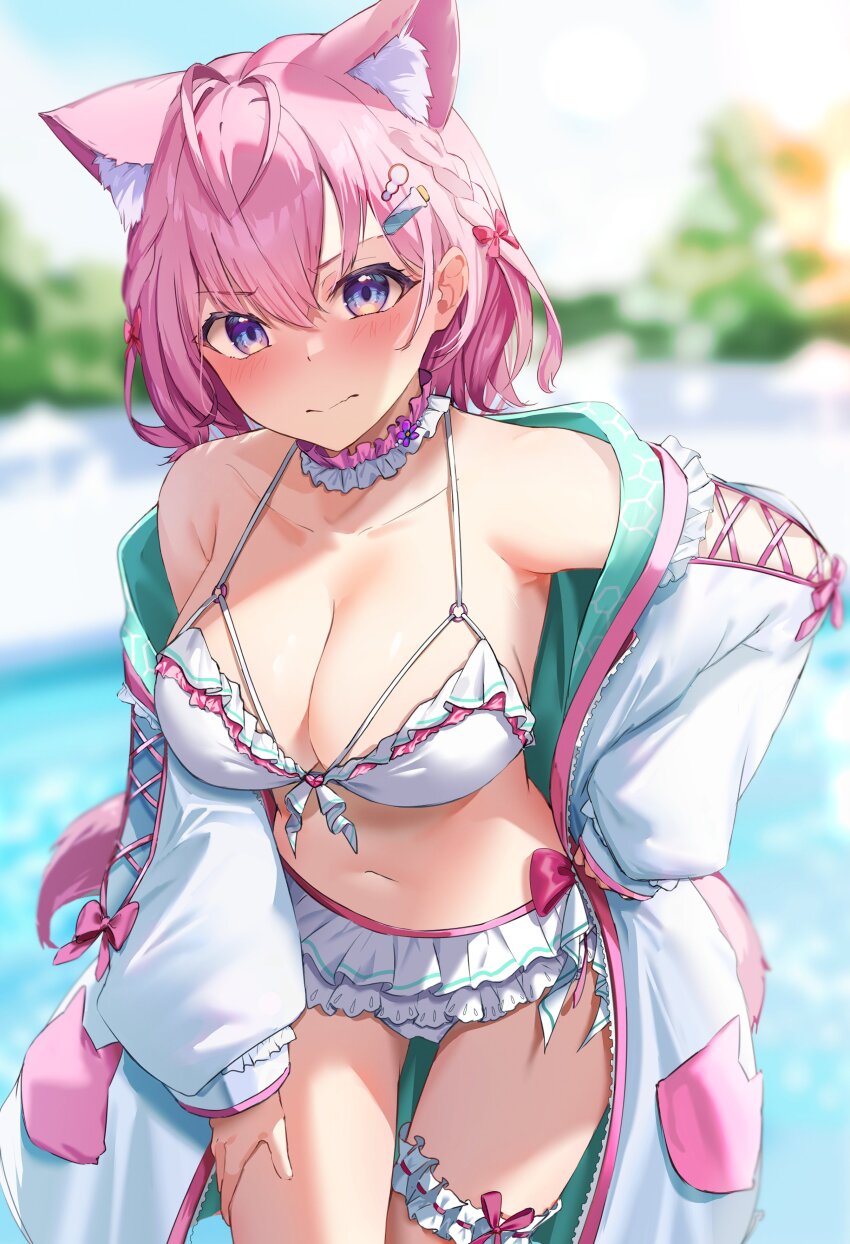 1girl, absurdres, almico, animal_ear_fluff, animal_ears, antenna_hair, arm_cutout, armpit_crease, bare_shoulders, bikini, blurry, blurry_background, blush, bow, braid, breasts, choker, cleavage, closed_mouth, clothing_cutout, collarbone, commentary, day, extra_ears, frilled_bikini, frilled_choker, frilled_thigh_strap, frills, green_hoodie, hair_between_eyes, hair_bow, hair_ornament, hakui_koyori, hakui_koyori_(summer), hand_on_own_hip, hand_on_own_thigh, heart, hexagon_print, highres, hololive, hood, hoodie, large_breasts, long_sleeves, looking_at_viewer, medium_hair, navel, o-ring, o-ring_bikini, open_clothes, open_hoodie, outdoors, pink_bow, pink_choker, pink_hair, pocket, purple_eyes, sleeves_past_wrists, solo, stomach, swimsuit, tail, thigh_strap, thighs, two-tone_choker, two-tone_hoodie, virtual_youtuber, wavy_mouth, white_bikini, white_choker, white_hoodie, wolf_ears, wolf_girl, wolf_tail