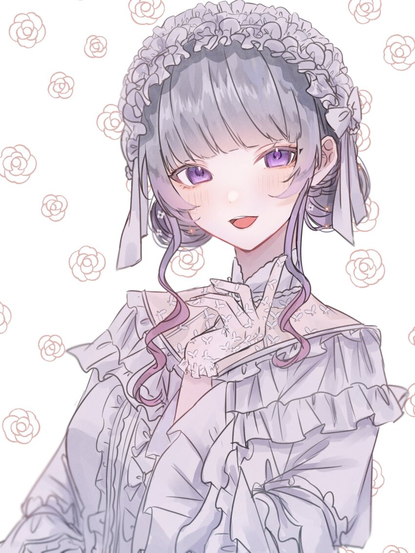 1girl, blunt_bangs, blush, center_frills, collar, double_bun, dress, floral_background, flower, frilled_collar, frilled_dress, frilled_hairband, frilled_sleeves, frills, gloves, gothic_lolita, gradient_hair, grey_hair, hair_bun, hairband, highres, higuchi_kaede, higuchi_kaede_(white_dress), lace, lace_gloves, lace_trim, lolita_fashion, looking_at_viewer, maru_ru2020, multicolored_hair, nijisanji, official_alternate_costume, official_alternate_hairstyle, open_mouth, purple_eyes, purple_hair, sidelocks, smile, solo, upper_body, virtual_youtuber
