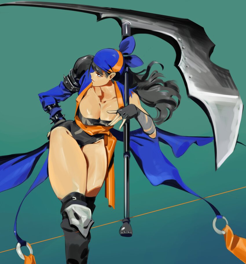 1girl, absurdres, armor, axe, bandana, black_hair, breasts, brown_hair