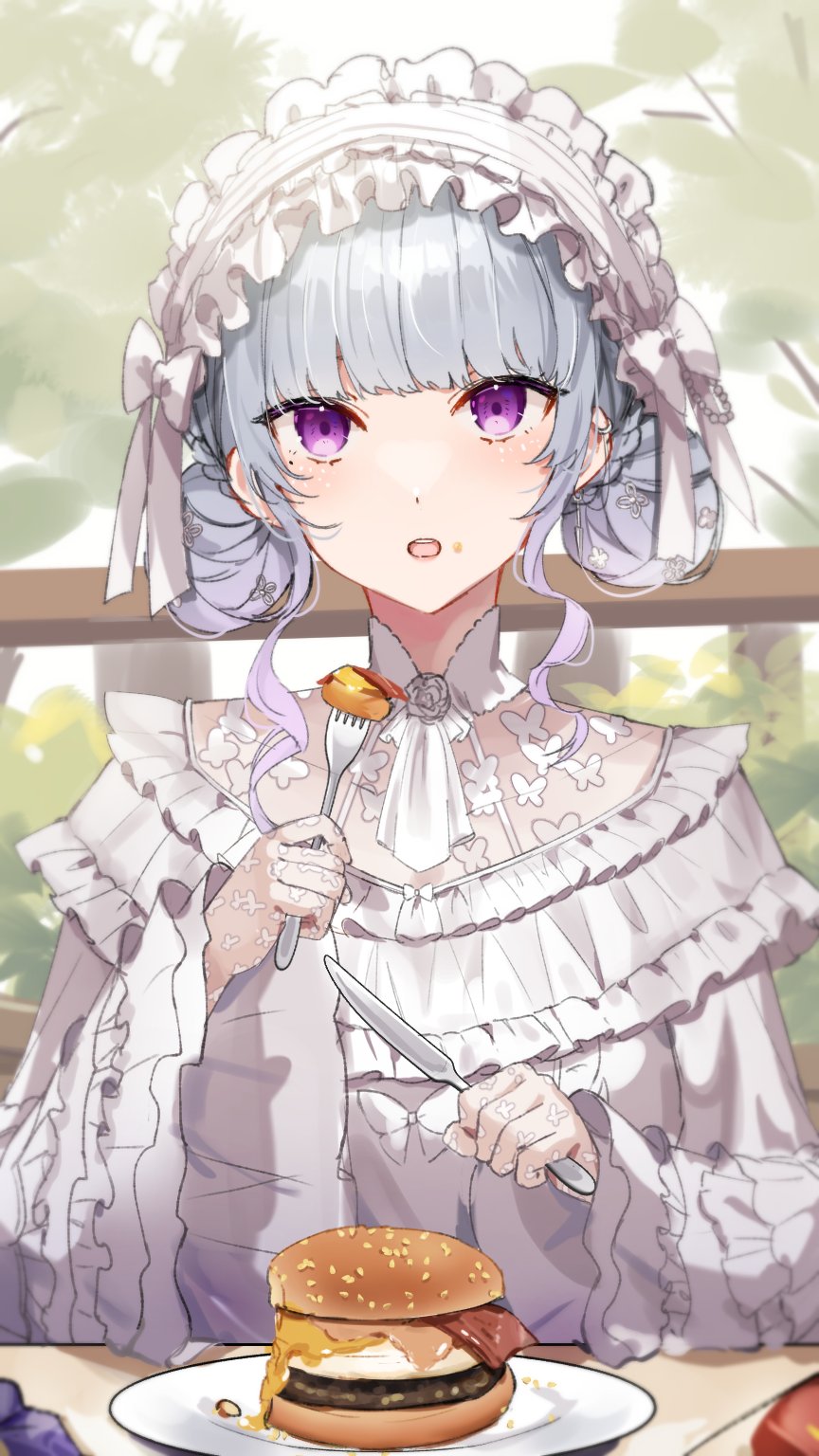 1girl, ascot, blush, burger, curly_hair, double_bun, dress, food