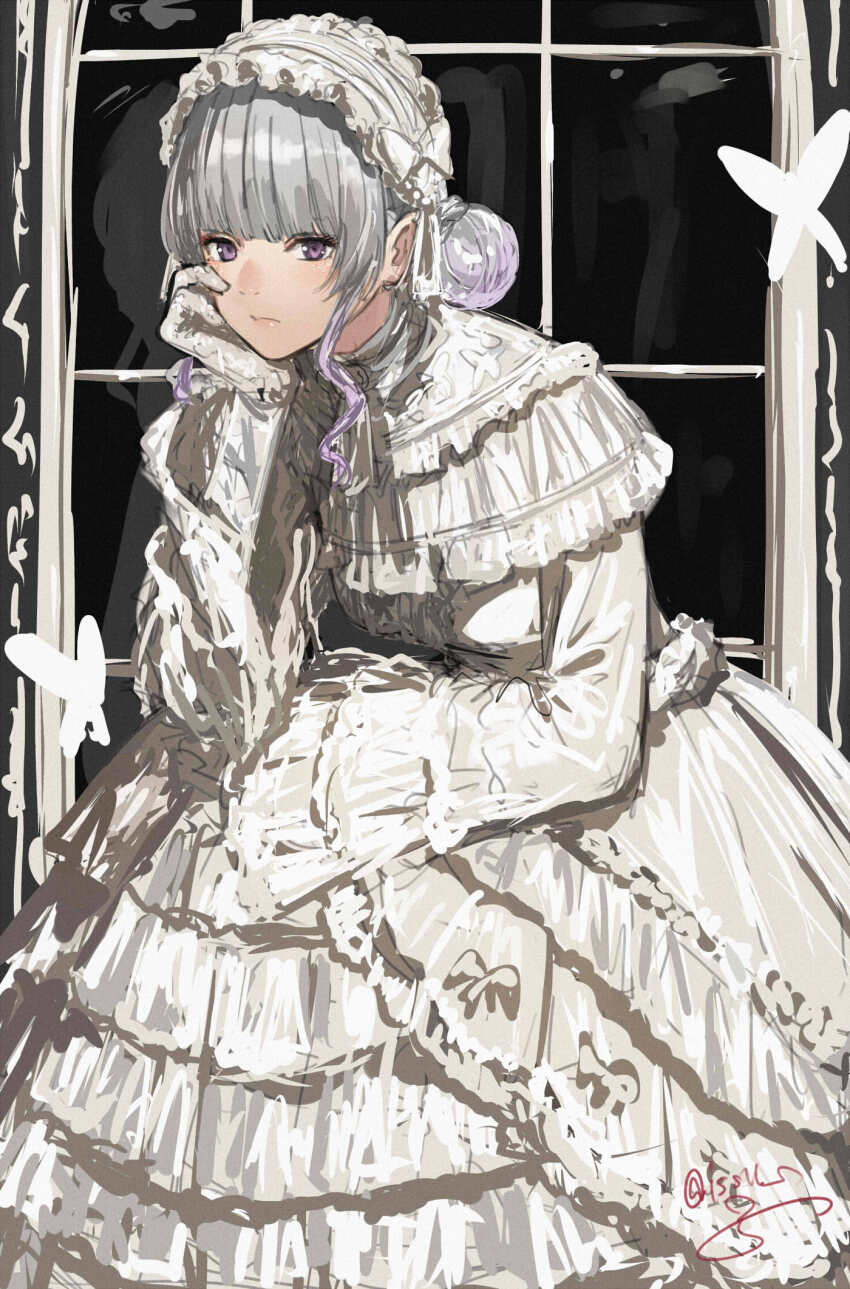 1girl, blunt_bangs, dress, expressionless, frilled_dress, frilled_hairband, frills, gloves, gown, gradient_hair, grey_hair, hair_bun, hairband, hand_on_own_thigh, highres, higuchi_kaede, higuchi_kaede_(white_dress), isshiki_(ffmania7), long_sleeves, multicolored_hair, muntins, nijisanji, official_alternate_costume, purple_eyes, purple_hair, sidelocks, sleeves_past_wrists, solo, virtual_youtuber, white_dress, white_gloves, white_hairband, window