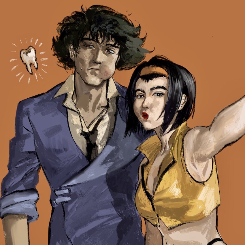 1boy, 1girl, atergraham, breasts, closed_mouth, cowboy_bebop, faye_valentine, hairband