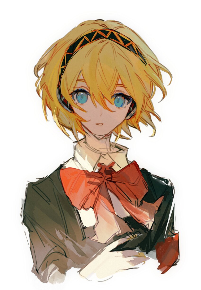 1girl, aigis_(persona), black_jacket, blonde_hair, blue_eyes, bow, bowtie, collared_shirt