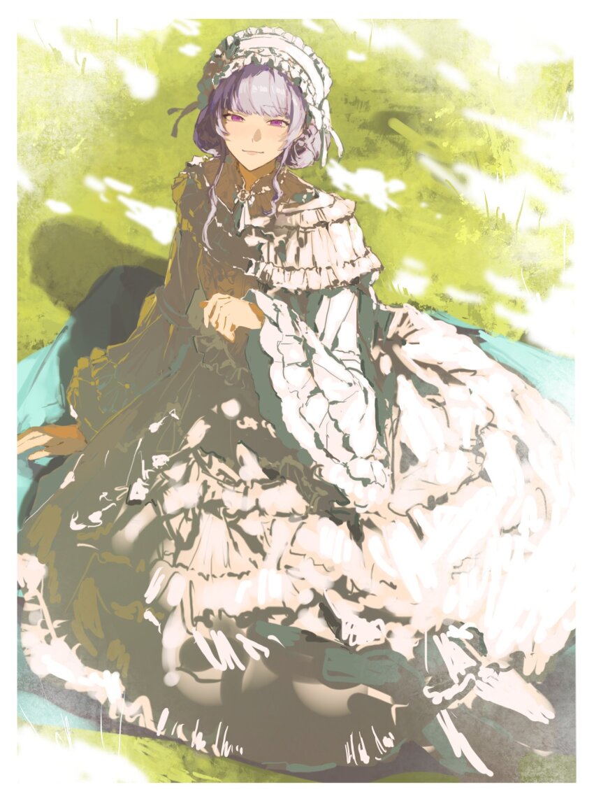 1girl, bloom, blunt_bangs, border, curly_hair, double_bun, dress, frilled_dress