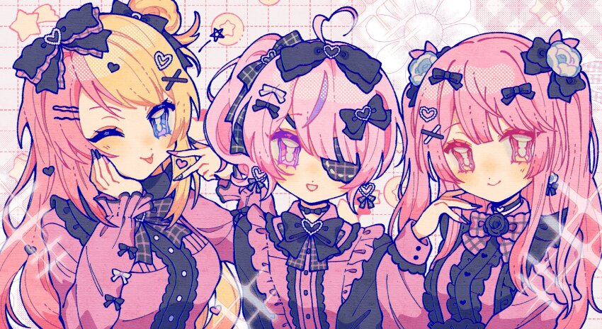 3girls, ahoge, black_bow, black_choker, black_nails, blonde_hair, blue_eyes, bow, choker, earrings, eyepatch, frills, grid_background, hair_bow, hair_ornament, hand_on_own_cheek, hand_on_own_face, heart, heart_ahoge, heart_hair_ornament, highres, jewelry, kotoka_torahime, long_hair, maria_marionette, multicolored_hair, multiple_girls, nijisanji, nijisanji_en, pink_eyes, pink_hair, pink_nails, purple_eyes, rosemi_lovelock, side_ponytail, split-color_hair, swept_bangs, tmkgtmkg, virtual_youtuber, x_hair_ornament