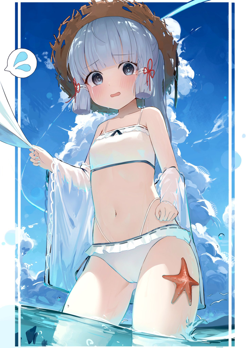 1girl, aged_down, amiamie, ayaka_(genshin_impact), bikini, blue_eyes, blue_hair, blue_sky, blunt_bangs, blunt_tresses, blush, breasts, cameltoe, clothes_pull, cloud, commentary_request, crying, crying_with_eyes_open, day, detached_sleeves, flower_knot, frilled_bikini, frills, genshin_impact, hair_ornament, hair_ribbon, hand_on_own_hip, hat, highleg, highleg_swimsuit, highres, light_blue_hair, long_hair, looking_at_viewer, mole, mole_under_eye, ocean, open_mouth, outdoors, ponytail, revision, ribbon, scared, see-through_clothes, see-through_sleeves, sidelocks, sky, small_breasts, solo, speech_bubble, starfish, straw_hat, swimsuit, tears, tress_ribbon, wading, water, white_bikini