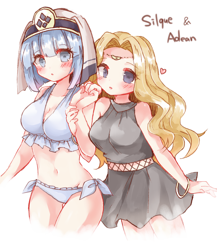 2girls, alternate_costume, bikini, blonde_hair, blue_bikini, blue_hair, blush, breasts