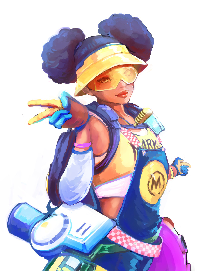 1girl, absurdres, afro_puffs, apex_legends, backpack, bag, blue_gloves, blue_overalls, bracelet, bucket_hat, collarbone, cropped_shirt, dark-skinned_female, dark_skin, detached_sleeves, finger_gun, gloves, hat, higemu, highres, jewelry, lifeline_(apex_legends), looking_at_viewer, mic_check_lifeline, official_alternate_costume, overalls, red_lips, smile, solo, sunglasses, tank_top, two-tone_gloves, v, white_background, white_tank_top, yellow_gloves, yellow_hat