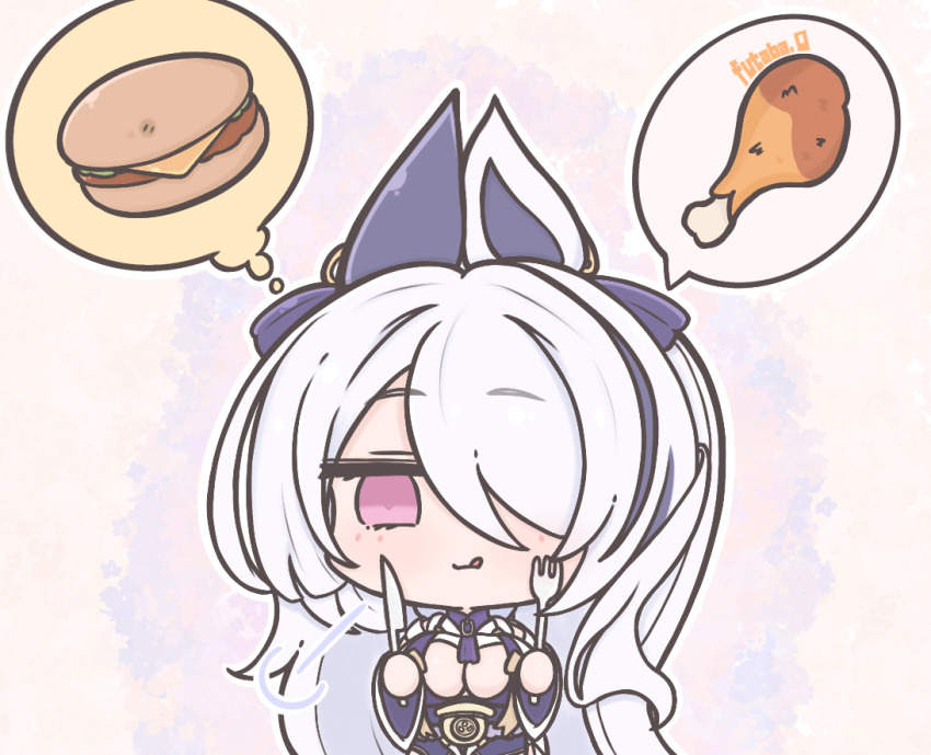 1girl, azur_lane, burger, chibi, chibi_only, chicken_(food), chicken_leg, food, fork, futaba_(anti_clockwise), hair_ornament, hair_over_one_eye, holding, holding_fork, holding_knife, japanese_clothes, knife, licking_lips, long_hair, looking_at_viewer, multicolored_hair, nejikirio_(style), purple_eyes, purple_hair, signature, solo, speech_bubble, streaked_hair, thought_bubble, tongue, tongue_out, unzen_(azur_lane), white_hair, wide_sleeves