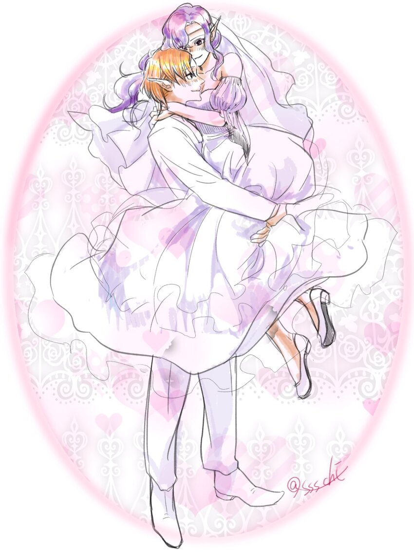 1boy, 1girl, blonde_hair, breasts, bride, cleavage, closed_mouth, couple