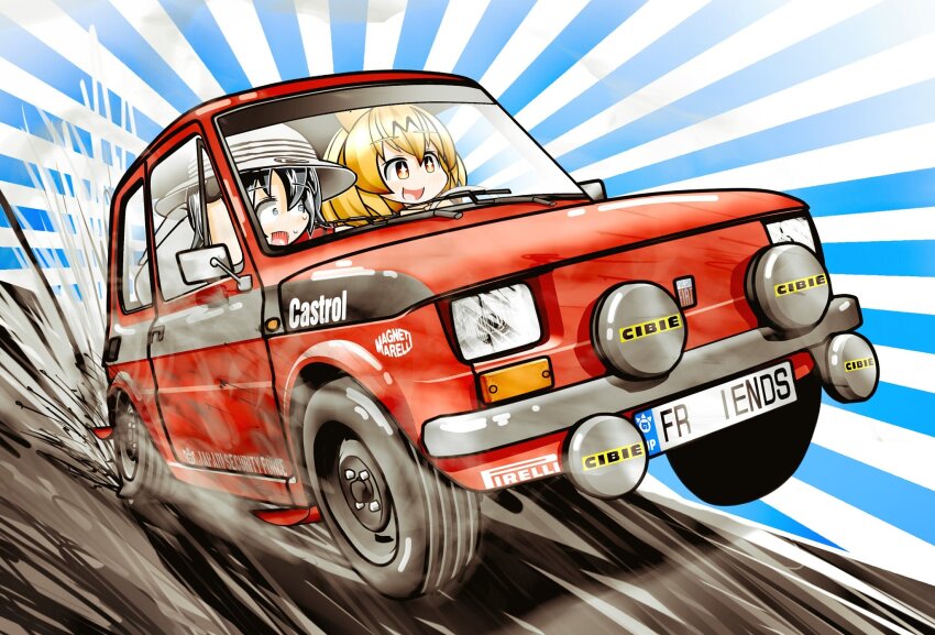 2girls, :d, animal_ears, black_hair, blonde_hair, car, castrol, commentary_request, english_text, fiat, fiat_126, firelli, hat, highres, kaban_(kemono_friends), kaito_(stop404man), kemono_friends, license_plate, motor_vehicle, multiple_girls, open_mouth, red_car, scared, serval_(kemono_friends), short_hair, smile, sunburst, sunburst_background, sweat, vehicle_focus, white_headwear