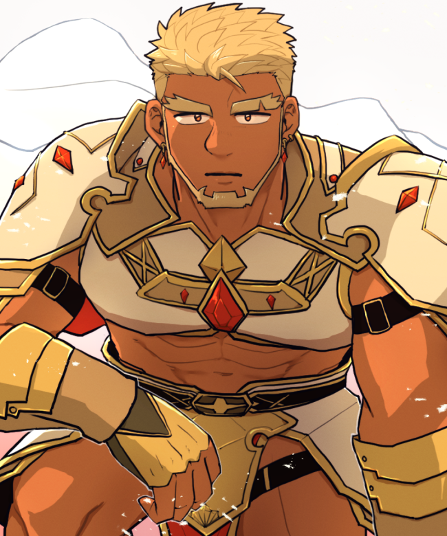 1boy, armor, bara, beard, blonde_hair, breastplate, crave_saga, dark-skinned_male