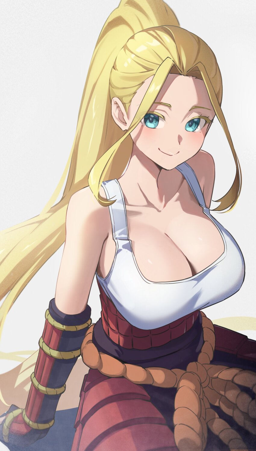 1girl, absurdres, arm_support, armor, bare_shoulders, beatrix_amerhauser, blonde_hair, blue_eyes