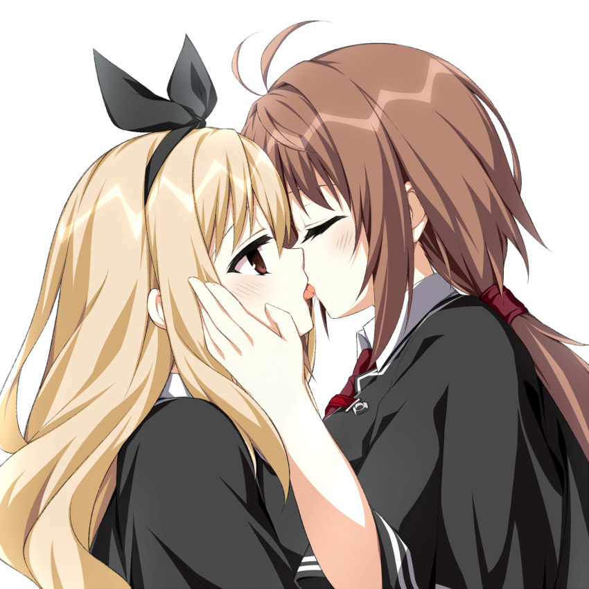 2girls, antenna_hair, aroused, asagi_nanami, black_capelet, black_ribbon, blonde_hair, blush