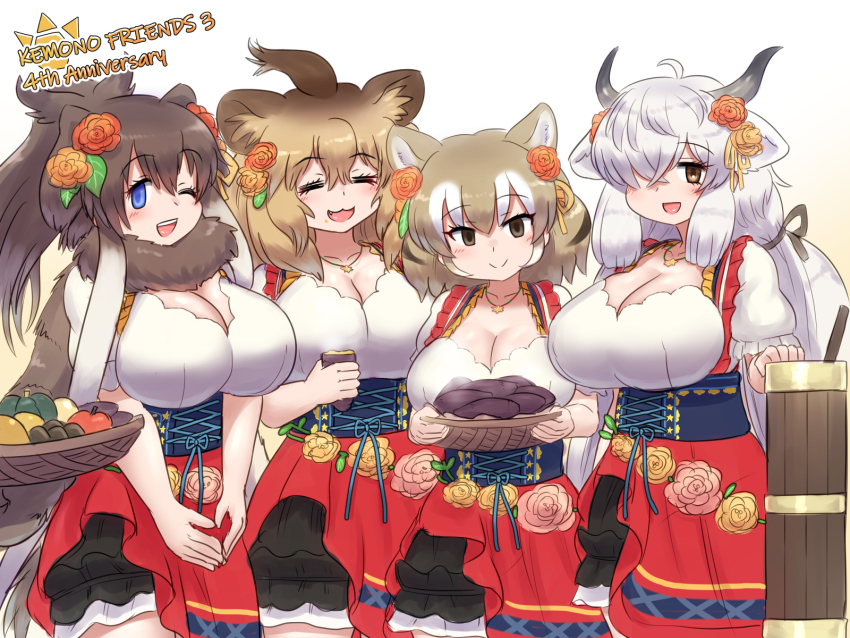 4girls, :d, animal_ears, anniversary, apple, basket, black_horns, blue_eyes