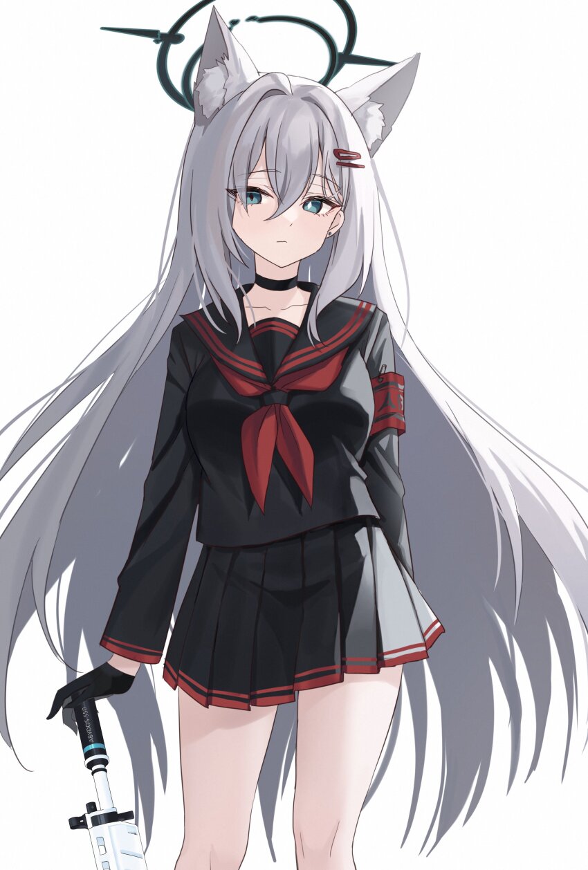 1girl, absurdres, ahoge, animal_ear_fluff, animal_ears, armband, assault_rifle, black_choker, black_gloves, black_serafuku, black_skirt, blue_archive, blue_eyes, broken_halo, choker, collarbone, commentary_request, cosplay, earrings, extra_ears, gloves, goyain, grey_hair, gun, hair_between_eyes, hair_ornament, hairclip, halo, highres, holding, holding_gun, holding_weapon, ichika_(blue_archive), ichika_(blue_archive)_(cosplay), jewelry, long_hair, long_sleeves, looking_at_viewer, mismatched_pupils, pleated_skirt, red_armband, rifle, safety_pin, school_uniform, serafuku, shiroko_terror_(blue_archive), sidelocks, sig_sauer_556, simple_background, skirt, solo, weapon, white_background, wolf_ears, wolf_girl