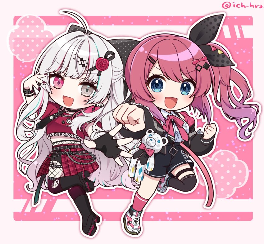 2girls, asymmetrical_legwear, belt, bike_shorts, black_belt, black_collar, black_gloves, black_jacket