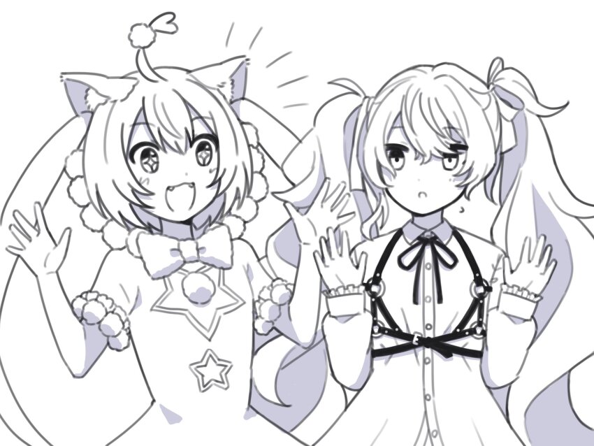 25-ji_miku, 25-ji_nightcord_de._(project_sekai), 2girls, ahoge, bow, bowtie, chest_hair, dual_persona