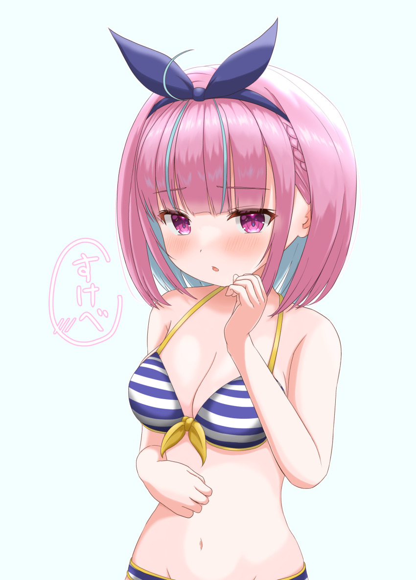 1girl, absurdres, bikini, blue_headband, bob_cut, breasts, choro_star, cleavage