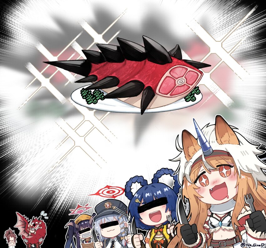 +_+, 1boy, 1other, 5girls, :3, animal_ears, arknights, bar_censor, bdsm, belt, black_gloves, black_hair, black_headwear, blue_archive, blue_hair, bondage, bound, bra, brown_belt, brown_hair, carrying, censored, censored_identity, ceobe_(arknights), chibi, commentary, cosplay, dog_ears, dog_girl, dragon, drooling, emphasis_lines, food, fork, fur-trimmed_bra, fur-trimmed_sleeves, fur_trim, fuuka_(blue_archive), gagged, genshin_impact, gloves, grey_hair, hair_rings, halo, haruna_(blue_archive), hat, helmet, highres, holding, holding_fork, holding_knife, kirin_r_yato_(arknights), kirin_r_yato_(arknights)_(cosplay), knife, long_hair, meat, monster_hunter_(series), multiple_girls, no_grad, noir_corne_(arknights), open_mouth, orange_eyes, plate, princess_carry, rathalos, rathalos_s_noir_corne_(arknights), scared, shirt, short_hair, teeth, tied_up_(nonsexual), twintails, twitter_username, underwear, upper_teeth_only, white_bra, white_shirt, wyvern, xiangling_(genshin_impact), yato_(arknights), yellow_shirt