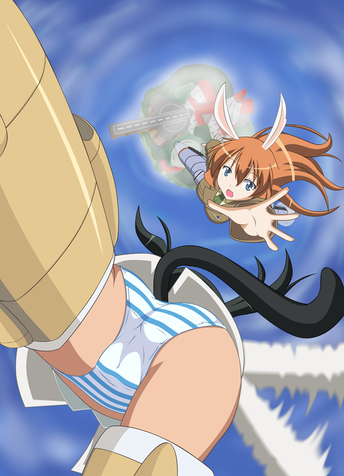 2girls, animal_ears, ass, brown_hair, cameltoe, charlotte_e._yeager, francesca_lucchini, multiple_girls, niyou_shinobu, panties, pantyshot, rabbit_ears, rabbit_girl, strike_witches, striker_unit, striped_clothes, striped_panties, tail, underwear, world_witches_series