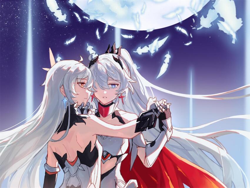 2girls, bare_shoulders, blue_eyes, cape, diamond-shaped_pupils, diamond_(shape), earrings, elbow_gloves