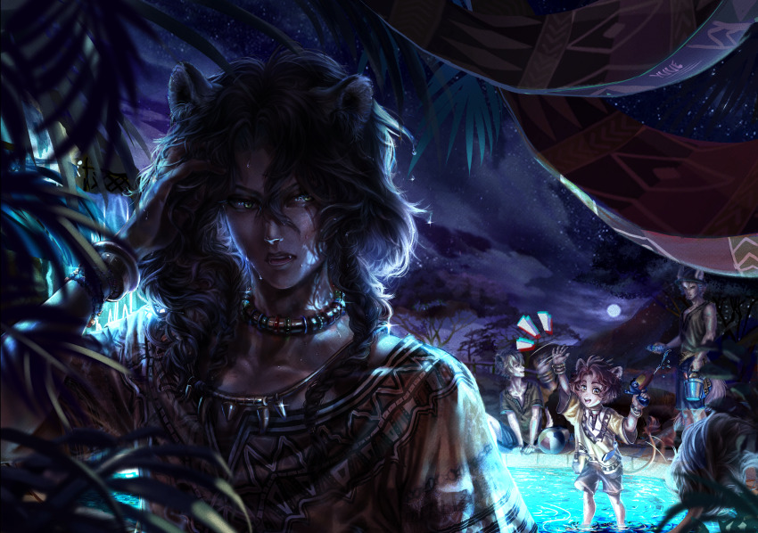 4boys, animal_ears, arm_up, ball, beachball, black_hair, blurry, blurry_foreground