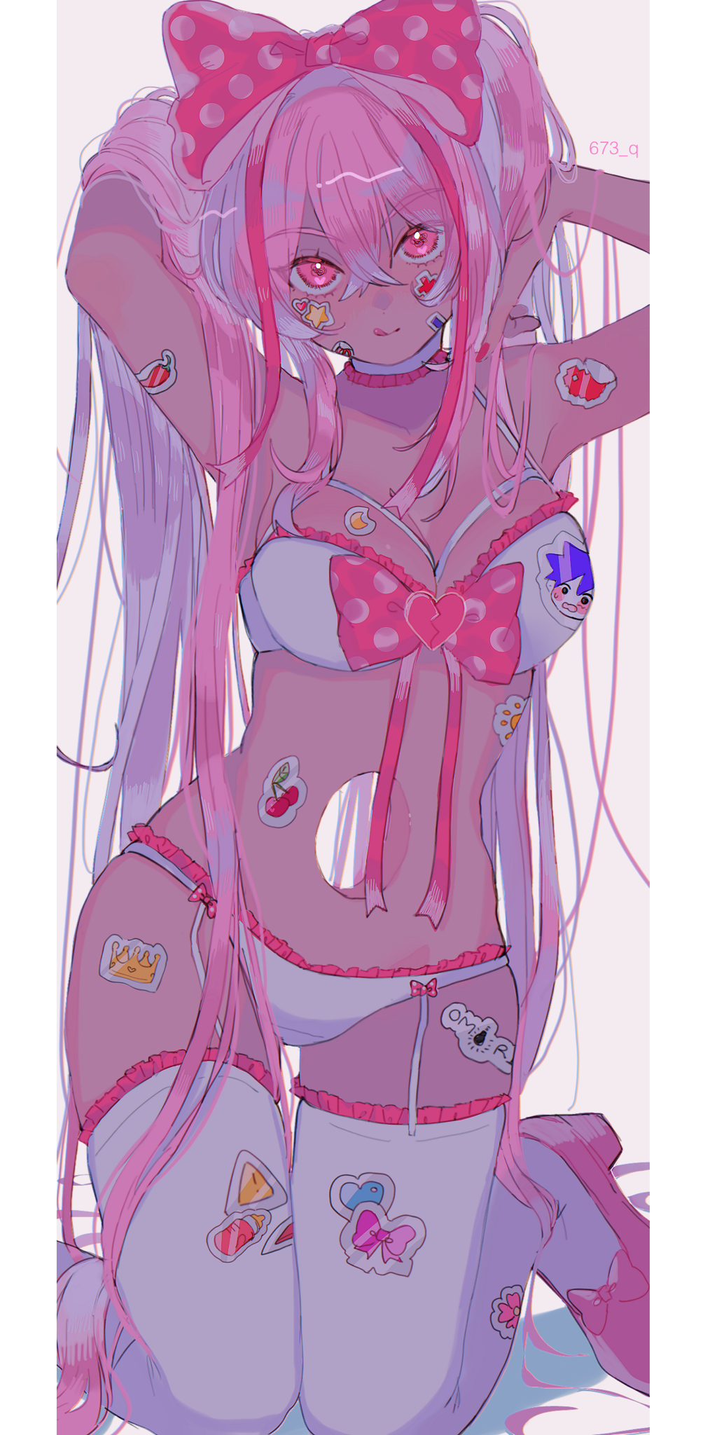 1girl, 673_q, arms_behind_head, arms_up, bow, bra, breasts, cleavage